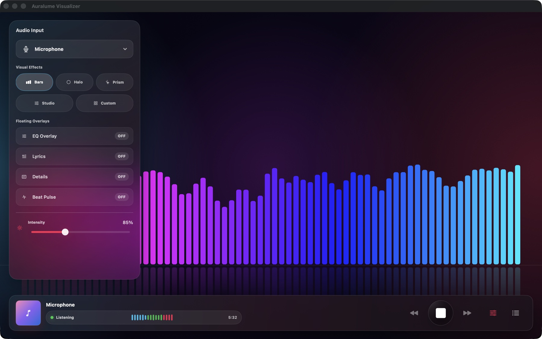 Auralume Visualizer Bars mode preview