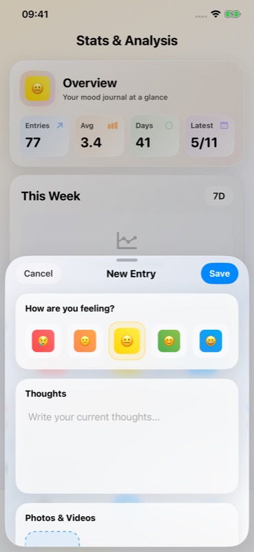 Moodory new entry sheet with mood levels, thoughts, and media
