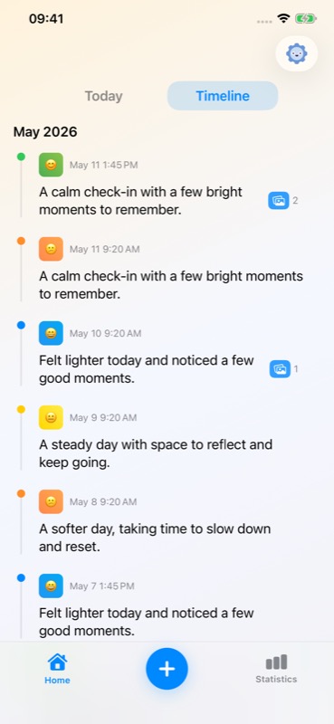Moodory timeline screen showing monthly mood entries